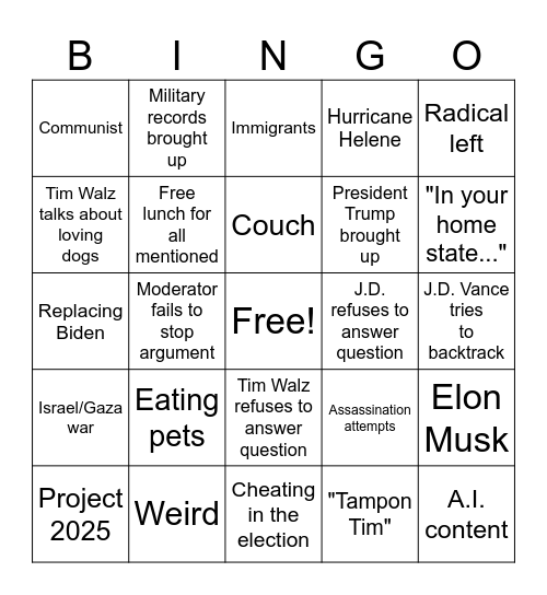 VP Debate 10/1 Bingo Card