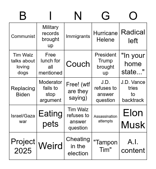 VP Debate 10/1 Bingo Card