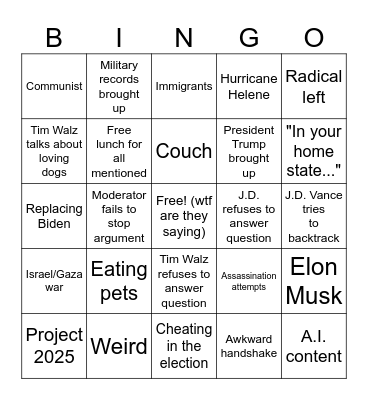 VP Debate 10/1 Bingo Card