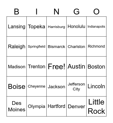 US States/Capitals BINGO Card