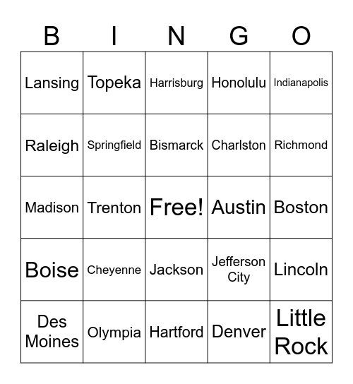 US States/Capitals BINGO Card