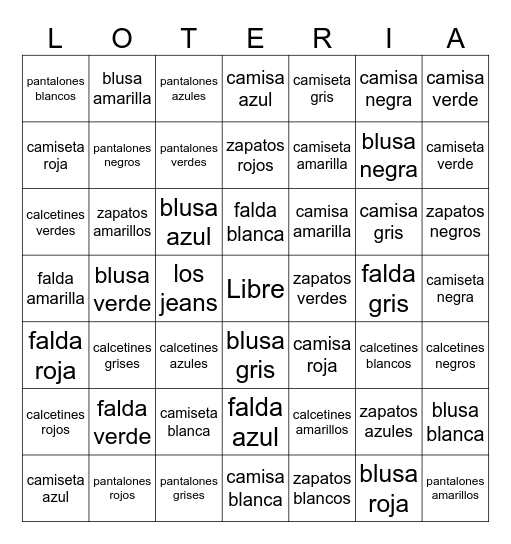 La Ropa y Colores Bingo Card