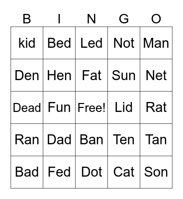 Short vowels Bingo Card