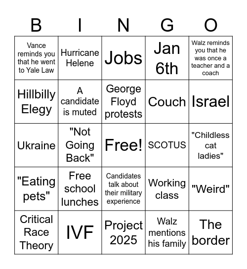 2024 First VP Debate Bingo Card