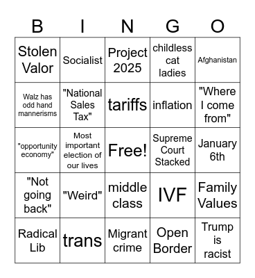 VP Debate Bingo Card
