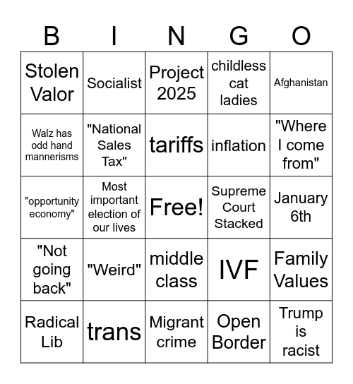 VP Debate Bingo Card