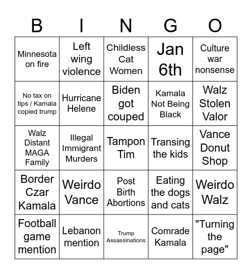 Tim Walz vs JD Vance Debate Bingo Card