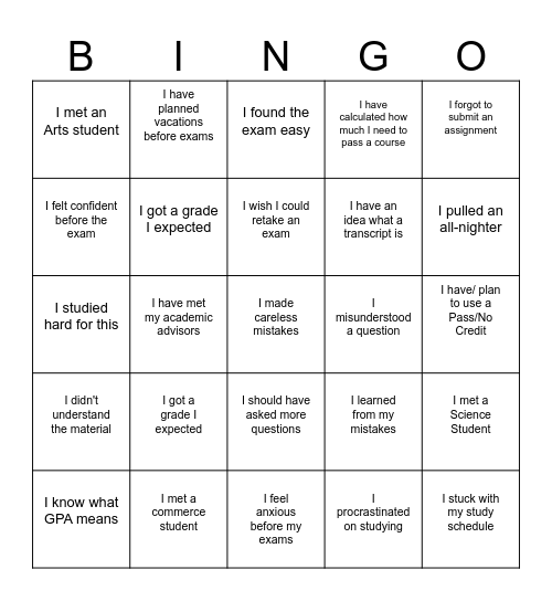 PSC edition Grade Bingo Card