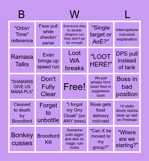 Valhalla Blackwing Lair Bingo Card