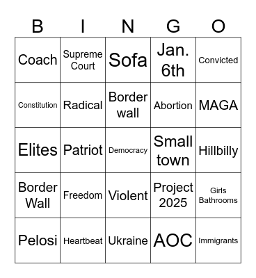 VP Debate Night Bingo Card