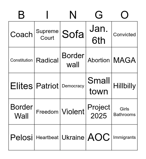 VP Debate Night Bingo Card
