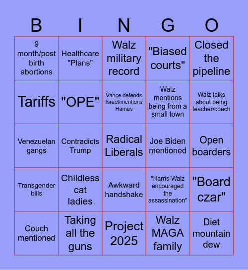 Vice Presidential Debate Bingo Card