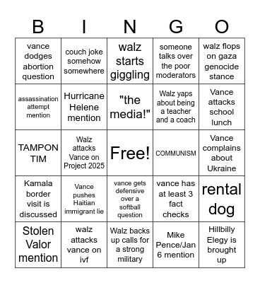2024 VP DEBATE BINGO Card
