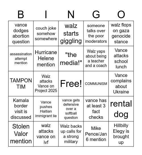 2024 VP DEBATE BINGO Card