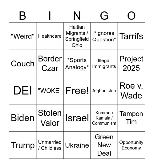 Vance-Walz Debate Bingo Card