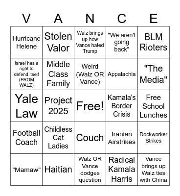 VP Debate Bingo Card