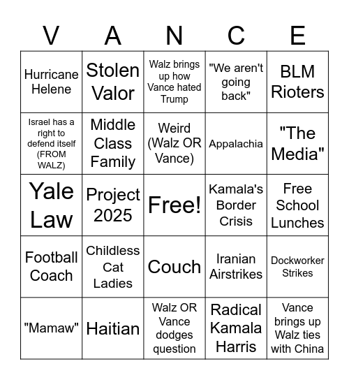 VP Debate Bingo Card