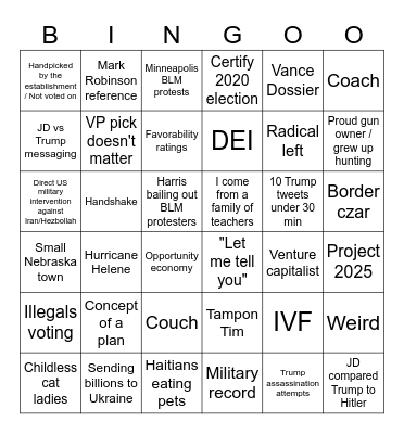 VP Debate Bingo Card