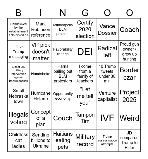 VP Debate Bingo Card