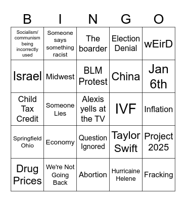 Vp Debate Bingo Card