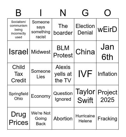 Vp Debate Bingo Card