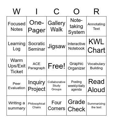 WICOR Strategies Bingo Card