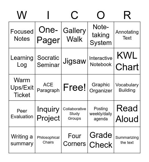 WICOR Strategies Bingo Card