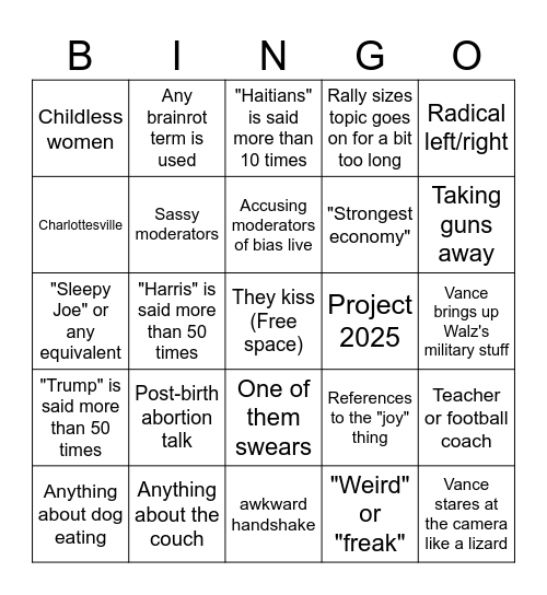 Vice Presidential Debate Bingo Card