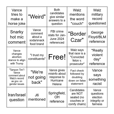 2024 VP Debate Bingo Card, 10/1/24 Bingo Card
