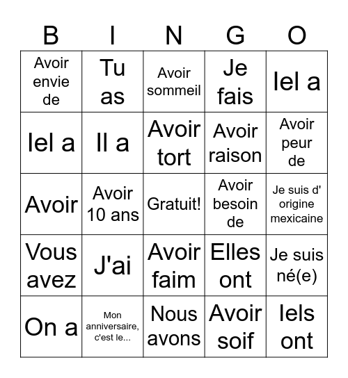 Avoir et d'autres expressions Bingo Card