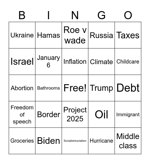 VP debate Bingo Card