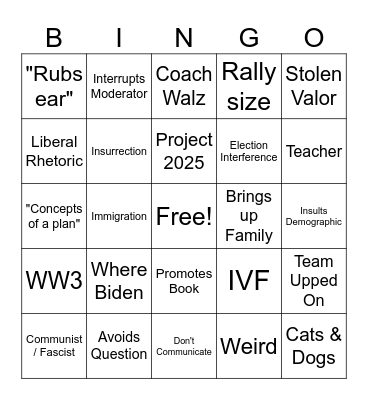VP Debate Bingo Card