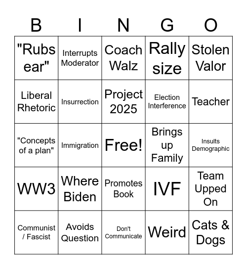 VP Debate Bingo Card