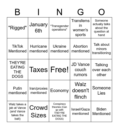 October 1st Debate Bingo Board Bingo Card