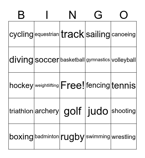 Summer Olympics Bingo Card