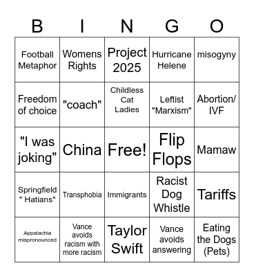 Walz vs Vance Debate Bingo Card