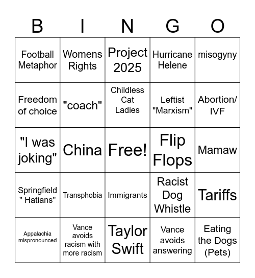 Walz vs Vance Debate Bingo Card