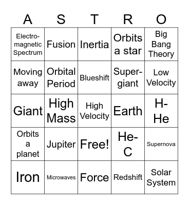 Astronomy Bingo Card