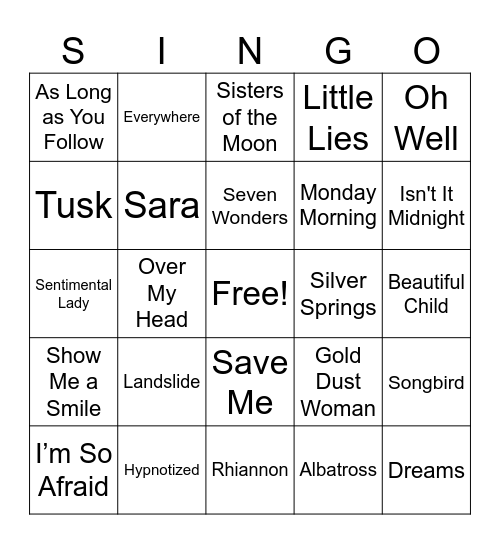 Fleetwood Mac Bingo Card