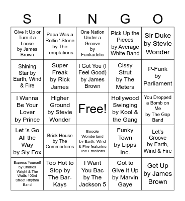 Funkytown Bingo Card