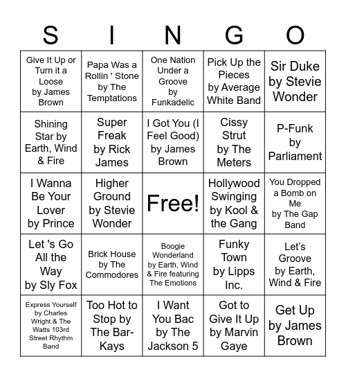 Funkytown Bingo Card