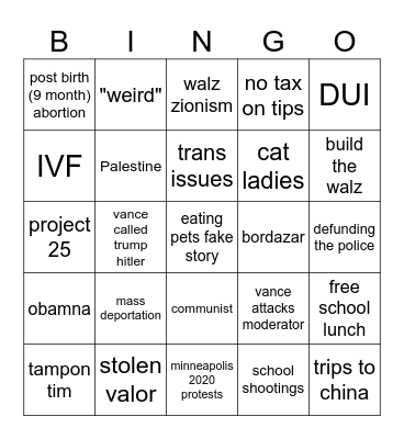 VP DEBATE Bingo Card