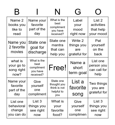 Mental Health Bingo Card