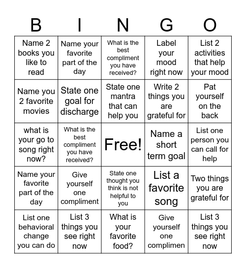 Mental Health Bingo Card