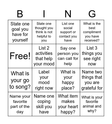 Mental Health Bingo Card