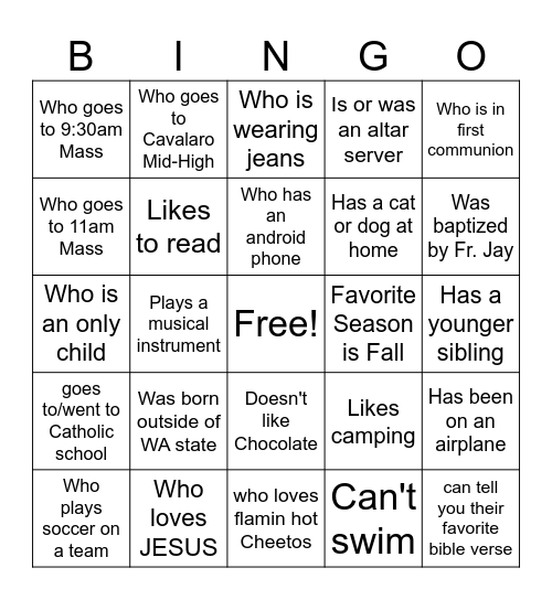 Holy Cross Youth Group Bingo Card