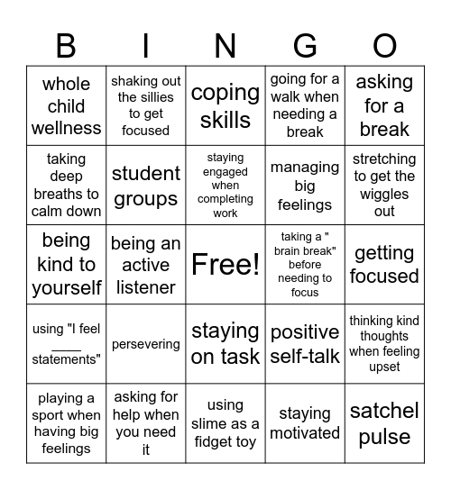 End of Session Bingo Card