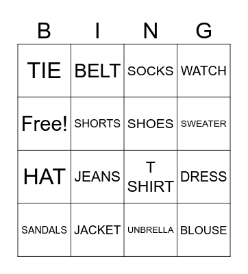 CLOTHES Bingo Card