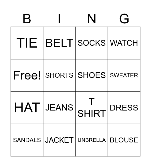CLOTHES Bingo Card