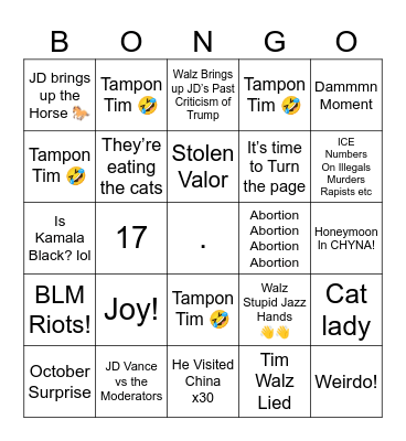 JD Vance vs Tim Walz Debate 10.1.2024 Bingo Card